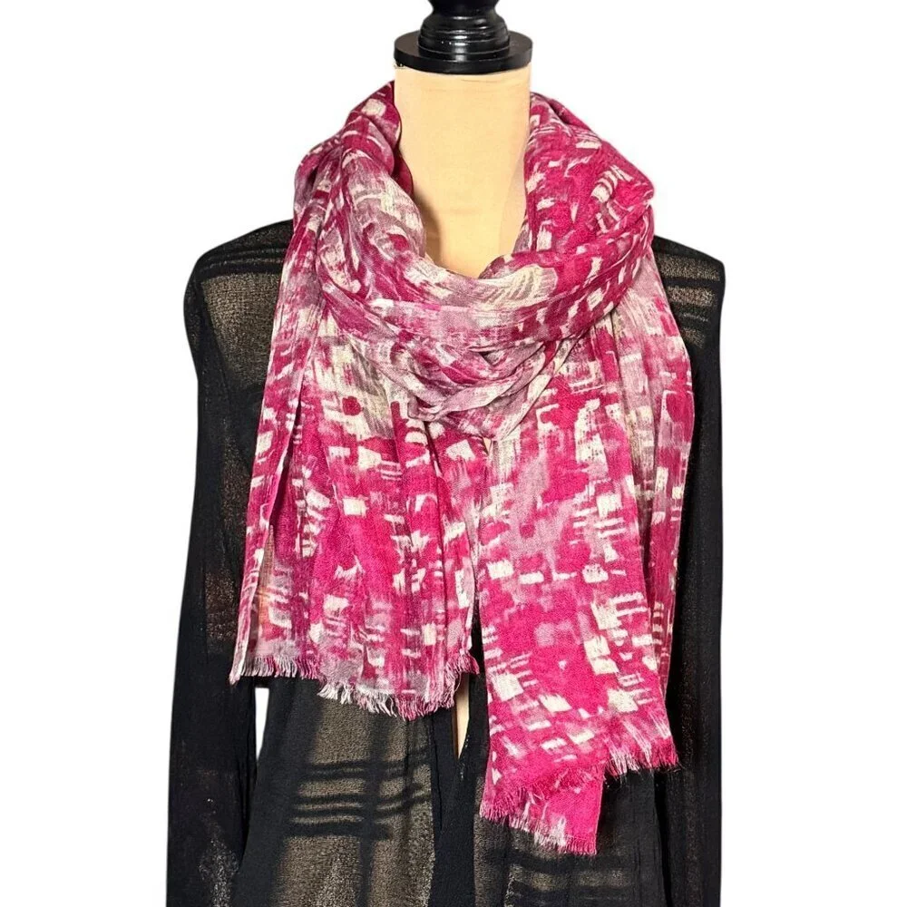 Abstract Print Scarf Pashmina  Wrap Shawl Pink White Fringe Contemporary